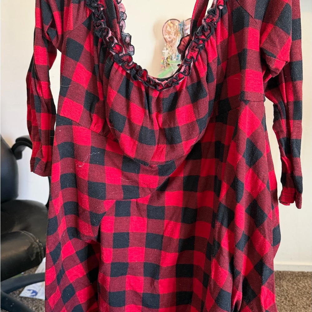 3XL Plus Size Womens Red and Black Plaid Off the Shoulder Blouse